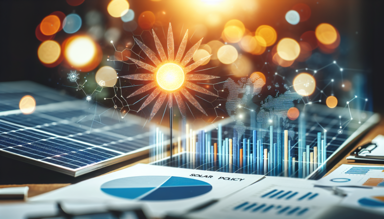 Fondo que integra Política Energética y Energía Solar junto a esquema detallado de interacción. Ilustración simbólica de conceptos clave en energía renovable y normativas sectoriales.