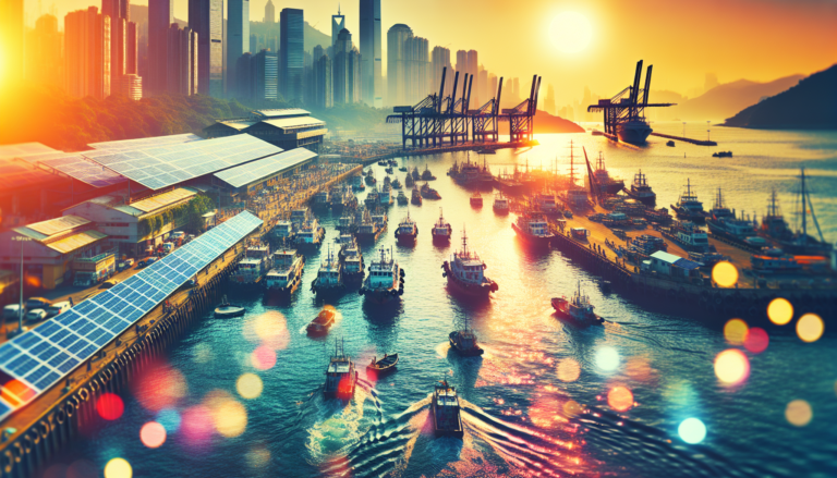Puertos y Energía Solar: una sinergia sostenible. En la imagen se ve un puerto combinado con paneles solares, representando la integración de energía limpia en infraestructuras marítimas. Puerto con paneles solares, simbolizando la integración de energía solar en infraestructuras portuarias.
