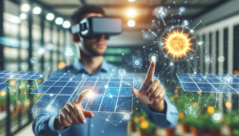 Fusión visual de Realidad Aumentada y Energía Solar en un escenario futurista donde la tecnología y la sostenibilidad se entrelazan creando un paisaje innovador y prometedor. Fondo que combina Realidad Aumentada y Energía Solar con un esquema representativo, ilustrando la unión entre tecnología avanzada y energía limpia en un entorno futurista.