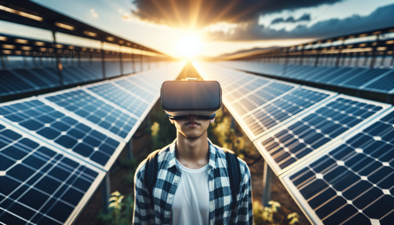 Inmersión en la energía del futuro: realidades virtuales solares iluminan el camino hacia la sostenibilidad. Combinación de elementos: fondo de realidad virtual con energía solar y esquema simbólico de VR.
