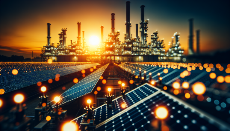 Ilustración de una refinería fusionada con energía solar en un diseño simbólico Refinería fusionada con energía solar en esquema simbólico