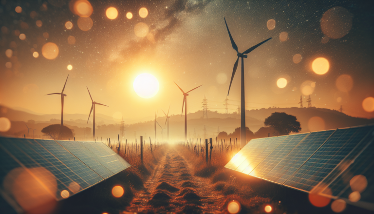 Imagen que combina un fondo con elementos de Energía Eólica y Energía Solar, acompañada de un esquema que simboliza la temática de la Energía Eólica en el contexto de energías renovables. Fondo con mezcla de Energía Eólica y Energía Solar y un esquema que simboliza la Energía Eólica.