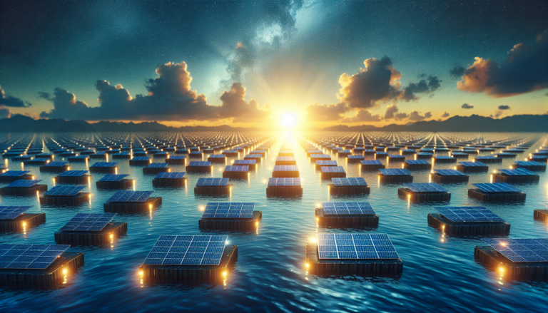 Integración de Energía Solar Flotante y paneles solares en tierra con un esquema que simboliza la temática de Energía Solar Flotante.