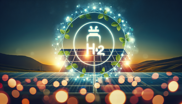 Imagen combinando un fondo de Hidrógeno y Energía Solar con un esquema simbólico de la temática Hidrógeno en energías renovables Fondo mostrando Hidrógeno y Energía Solar junto a un esquema que simboliza la temática de Hidrógeno en energías renovables