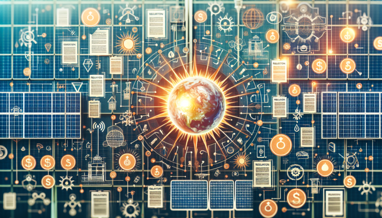 Confluencia de Regulación y Energía Solar: Una mirada detallada a la interacción entre normativas y tecnología renovable, claves para el desarrollo sostenible. Esquema simbólico de interacción entre Regulación y Energía Solar en un fondo ilustrativo.