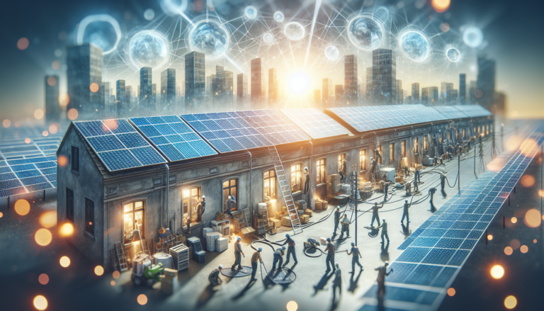 Imagen que muestra la sinergia entre la Rehabilitación Energética y la Energía Solar a través de un fondo simbólico y un esquema detallado, reflejando la importancia de la sostenibilidad y eficiencia en la edificación. Fondo ilustrativo combinado con un esquema representativo de la Rehabilitación Energética, subrayando la unión entre esta disciplina y la Energía Solar.