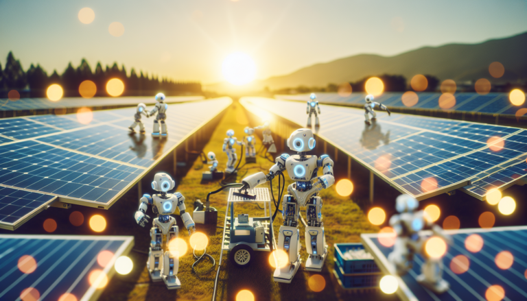 Ilustración de un robot futurista fusionado con paneles solares, simbolizando la integración de la tecnología robotizada y la energía solar.