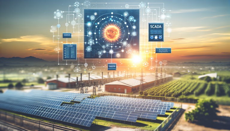 Fondo mostrando la integración de SCADA y Energía Solar junto a un esquema representativo. Una visión global de la monitorización y control eficiente en plantas solares. Destacan los paneles solares, inversores y sistemas de monitorización. Fondo con imagen de SCADA y Energía Solar junto al esquema. Integración eficiente de monitorización y control en plantas solares a través de paneles, inversores y sistemas de SCADA.