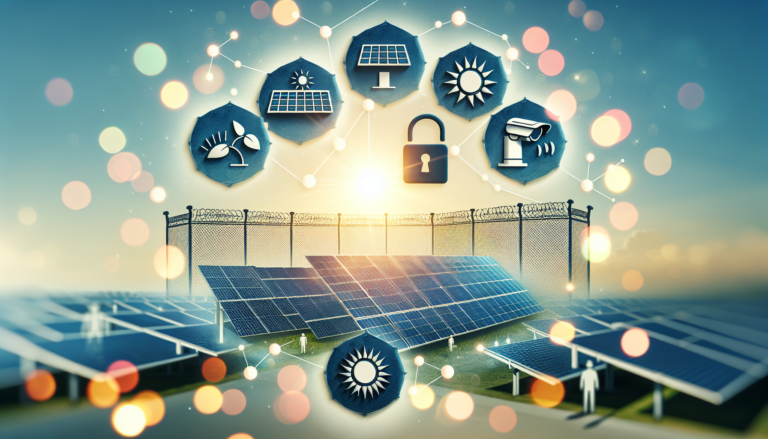 Fondo que muestra la intersección entre Seguridad y Energía Solar junto a un esquema simbolizando protección. Imagen evocadora que resalta la importancia de garantizar la seguridad en la energía solar. Fondo temático de Seguridad y Energía Solar con esquema de protección. Imagen evocadora del cuidado y protección en la energía solar.