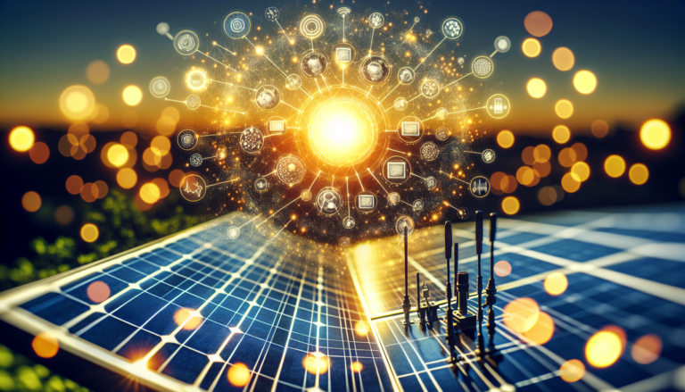 Esquema sensorización-energía solar: interacción y flujo de datos en un sistema detallado y simbólico. Elementos integrados que reflejan la tecnología en uso y eficiencia energética.