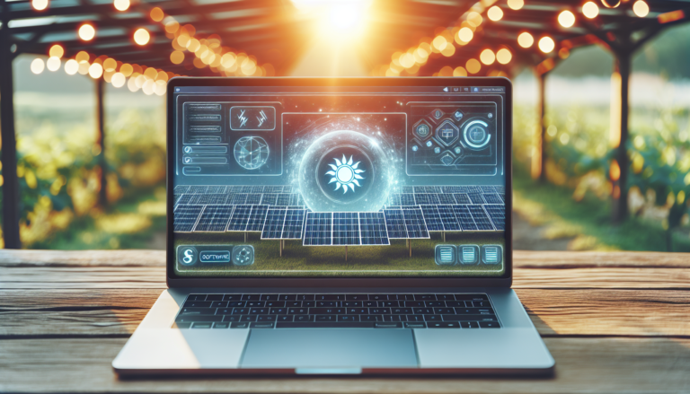 Ilustración de software relacionado con Energía Solar, representa la integración de tecnologías para optimizar su rendimiento y gestión de datos. Ilustración de software para optimización y gestión en Energía Solar.
