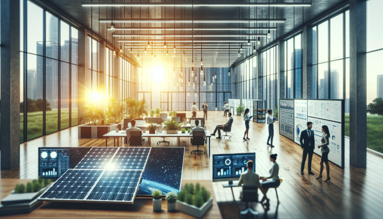 Fondo que fusiona el concepto de Startup con la Energía Solar, junto a un esquema emblemático del mundo de las Startups. Representación visual de la innovación y emprendimiento en la industria solar. Fondo simboliza la relación entre Startup y Energía Solar, con un esquema que identifica el espíritu emprendedor. Iconos de progreso e innovación en el sector solar.