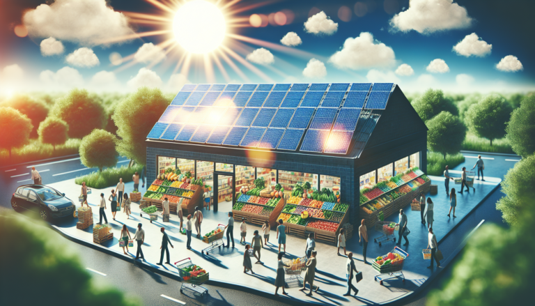Imagen combinada de un supermercado que integra paneles solares en su infraestructura, mostrando un enfoque en la eficiencia energética y la sostenibilidad, resaltando la conexión entre ambos elementos. Supermercado con paneles solares en el techo representando la integración de energía solar para mejorar la eficiencia energética.