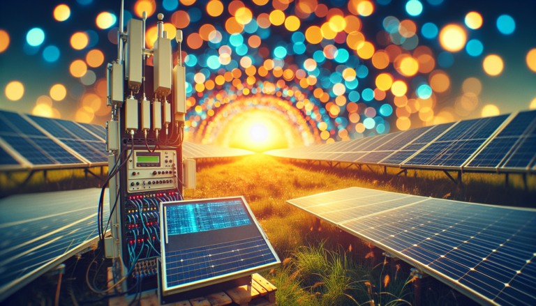 Intersección de Telecomunicaciones y Energía Solar: Fondo visual con antenas y paneles solares destacados en un esquema técnico Imagen combinando Telecomunicaciones y Energía Solar con antenas y paneles solares en un diseño esquemático