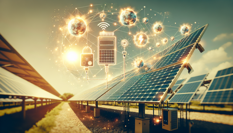 Imagen combinando Telcontrol y energía solar: fondo retratando un paisaje con paneles solares y un esquema superpuesto simbolizando la integración de Telcontrol en sistemas solares. Combinación visual de un paisaje con paneles solares y un esquema de Telcontrol, representando la intersección de ambas tecnologías.