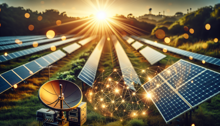 Esquema de Telemetría en Sistemas de Energía Solar mostrando la combinación de tecnología de telemetría y paneles solares mediante un fondo ilustrativo de energía. Esquema ilustrativo de telemetría sobre energía solar, mostrando la conexión entre tecnología de monitoreo y paneles solares.