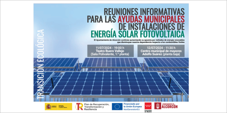 Cartel de reuniones informativas sobre las ayudas a instalaciones fotovoltaicas en viviendas en Alcorcón.