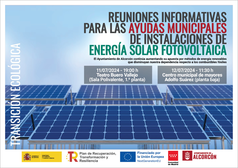 Cartel de reuniones informativas sobre las ayudas a instalaciones fotovoltaicas en viviendas en Alcorcón.