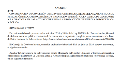 Ayudas para energía fotovoltaica y eólica en viviendas y empresas de Lanzarote y La Graciosa