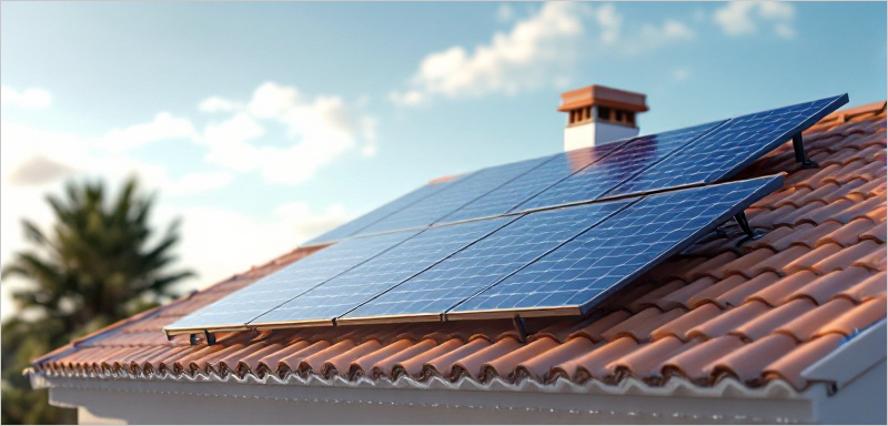 Panel solar en tejado con cielo claro al fondo, representativo del autoconsumo en España.