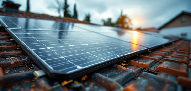 Primer plano de paneles solares sobre una casa, con detalles nítidos y fondo desenfocado.