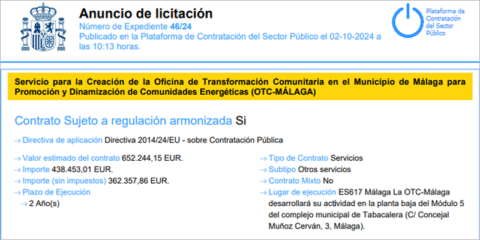 Abierta la licitación del contrato de servicio de formación y asesoramiento de la OTC Málaga