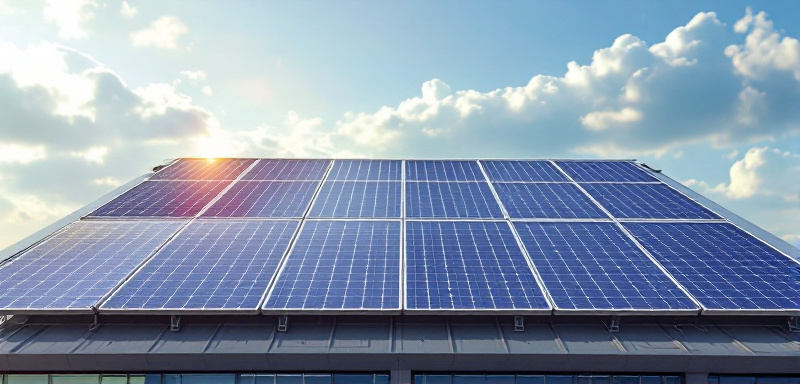 Paneles solares fotovoltaicos cubren la azotea de un edificio, reflejando la luz del sol.