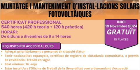 Nuevo curso gratuito de formación de instalador de paneles fotovoltaicos en Cambrils