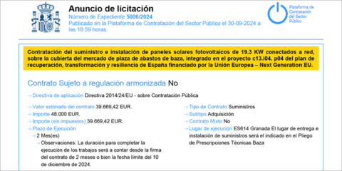 Abierta la licitación para instalar paneles solares en el Mercado de la Plaza de Abastos en Baza