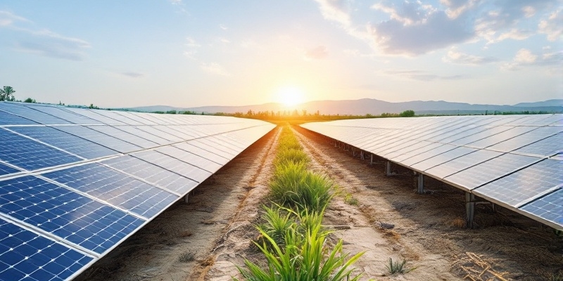 Imagen hiperrealista mostrando la instalación de paneles solares en filas con un cielo claro al fondo.