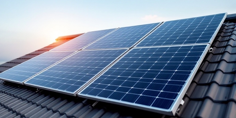 Fotografía de cuatro paneles solares en un tejado, indicativos de energía renovable y sostenibilidad.