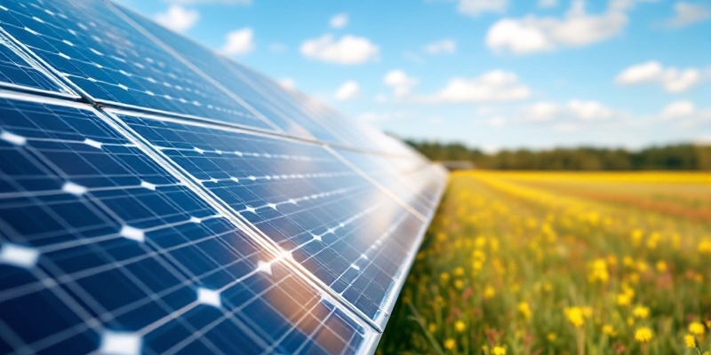 Paneles solares brillando bajo el sol con campo borroso detrás, simbolizando progreso en energías limpias.