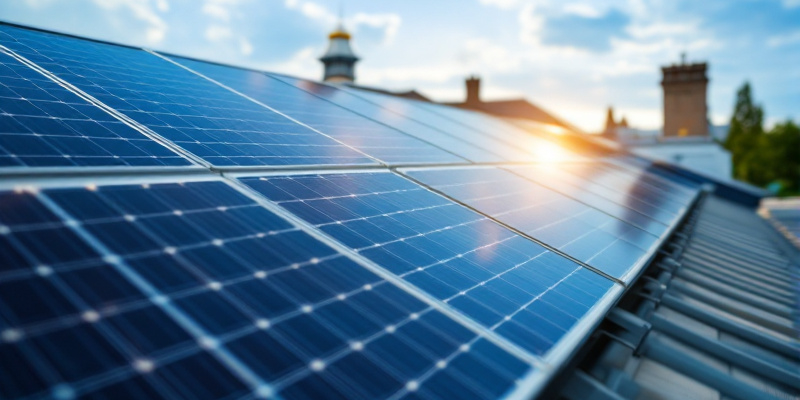 Paneles solares en un techo contra un cielo despejado, en Canarias.